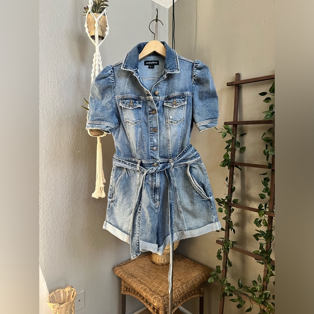 RETROFETE Phoebe Denim Romper Puff Sleeve Belted L - Picture 9 of 16